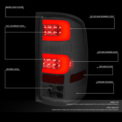 D-Motoring - Tail Lights - 3D LED C-Shape - Chrome Housing - Smoked Lens - Plug-n-play - Pair - GMC Sierra 1500 2500HD 3500HD - 2