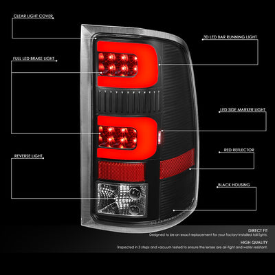D-Motoring - Tail Lights - Red 3D LED C-Shape - Black Housing - Clear Lens - Plug-n-play - Pair - GMC Sierra 1500 2500HD 3500HD - 2