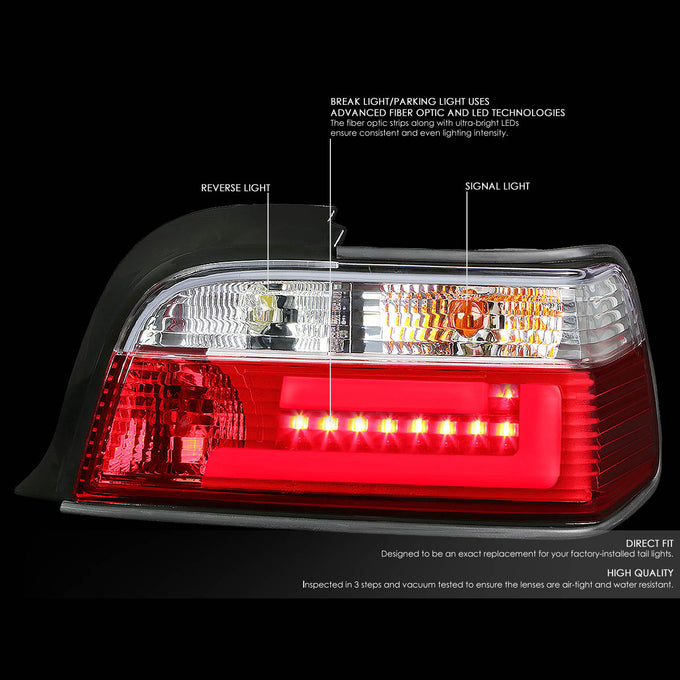 D-Motoring - Tail lights - 3D LED Bar - Chrome Housing - Red Clear Lens - Plug-n-Play - Pair - BMW 318i / 323i / 325i Convertible / M3 Coupe / Convertible - 2