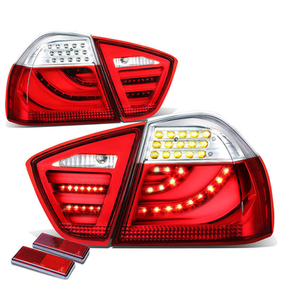 D-Motoring - Tail lights - 3D LED Bar - Chrome Housing - Red Clear Lens - Plug-n-Play - Pair - BMW 320i / 325i / 330i / 335i 4-Door Sedan - 1