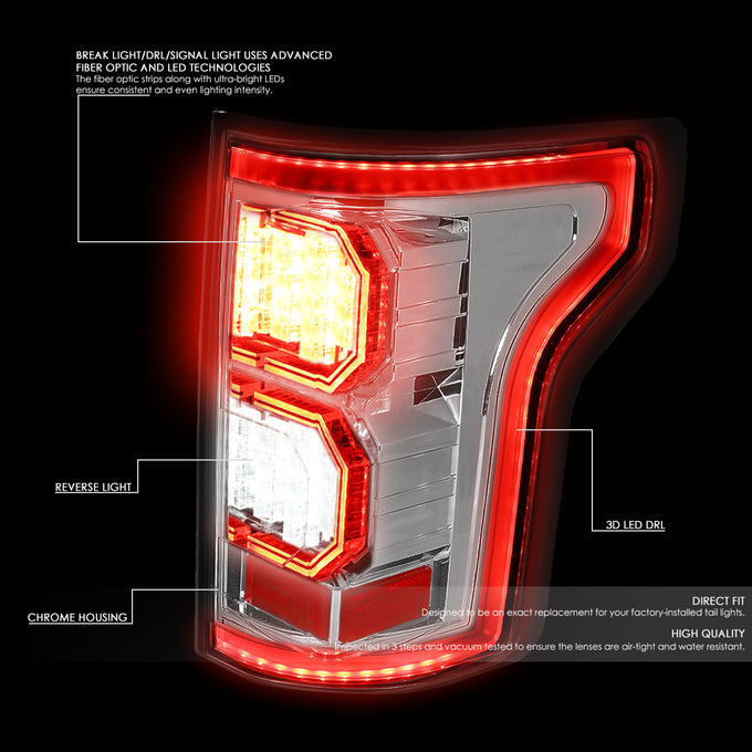 D-Motoring - Tail lights - Tron Style LED - Chrome Housing - Clear Lens - Plug-n-Play - Pair - 15-17 Ford F-150 - 2