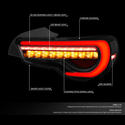 D-Motoring - 13-18 Scion Frs 86Tail Lights - 3D LED Bar+Sequential Turn Signal - Smoked Lens - Plug-n-play - Pair - 2