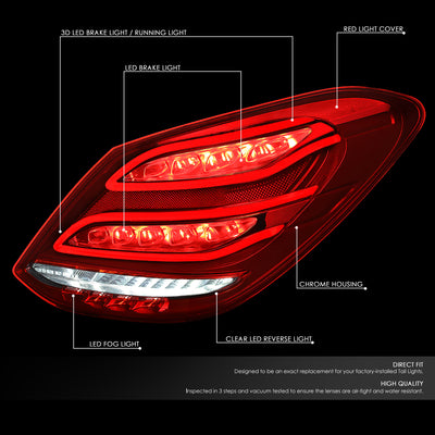 D-Motoring - 15-18 Mercedes C-Class W205 Tail Lights - Full LED - Red Lens - Plug-n-play - Pair - 2