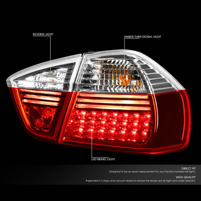 D-Motoring - Tail lights - LED - Chrome Housing - Red Clear Lens - Plug-n-Play - Pair - BMW 320i / 325i / 330i / 335i 4-Door Sedan - 2