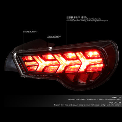 D-Motoring - Tail lights - Lambo Sequential LED - Black Housing - Smoked Lens - Red Signal - Plug-n-Play - Pair - Scion / Toyota FRS GT86 / Subaru BRZ - 2