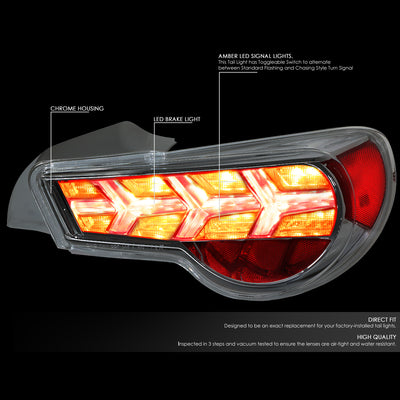 D-Motoring - Tail lights - Lambo Sequential LED - Chrome Housing - Clear Lens - Amber Signal - Plug-n-Play - Pair - Scion / Toyota FRS GT86 / Subaru BRZ - 2