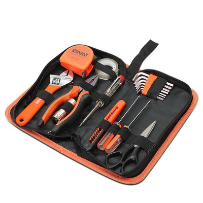 18 Pcs Hand Tool Kit - Plier Adjustable Wrench Tape Measure LED Flash Light (Orange)