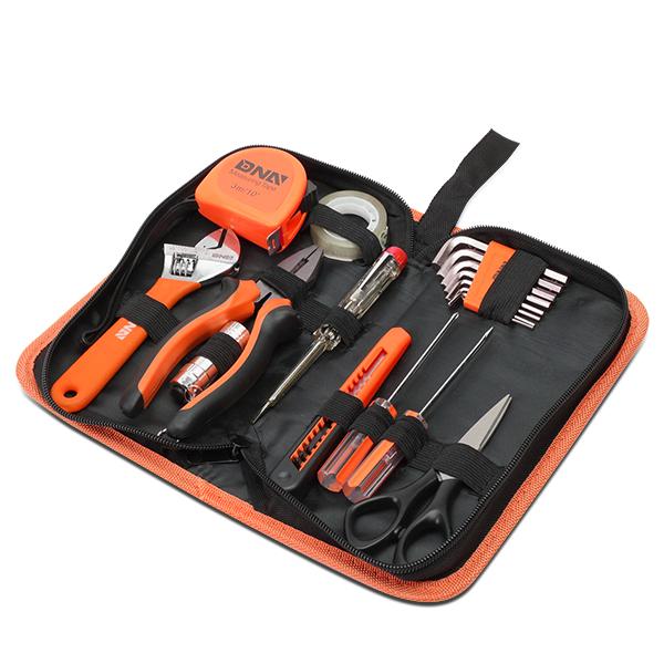 18 Pcs Hand Tool Kit - Plier Adjustable Wrench Tape Measure LED Flash Light (Orange)