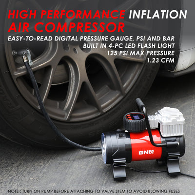 12V Portable 125 PSI LED Display Air Compressor Car Tire Inflator with LED Flash Light