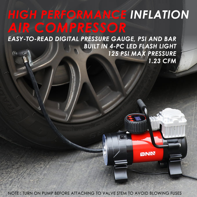 12V Portable 125 PSI LED Display Air Compressor Car Tire Inflator with LED Flash Light