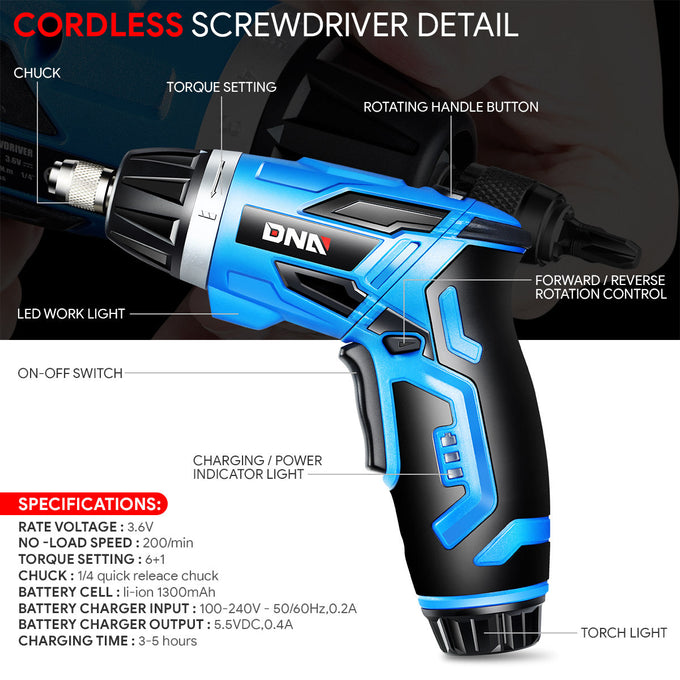 Electric Wireless Cordless Screwdriver w/30Pcs Driver Bits+LED Work Light [A Variety of Color Options]