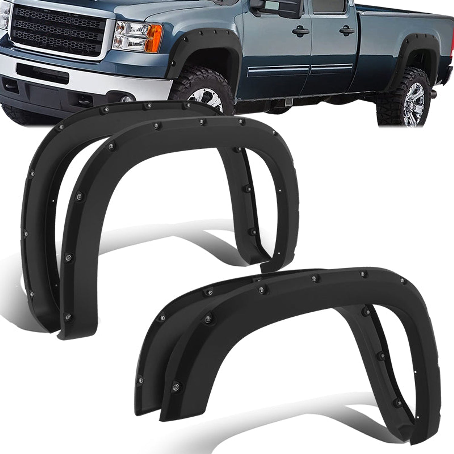 Pocket Style Black Fleetside Fender Flares<br>07-13 GMC Sierra 1500 2500HD 3500HD