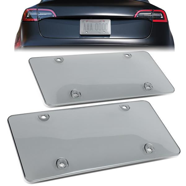 Universal License Plate Cover Shields - Front Rear - Heavy Duty - Acrylic Bubbled - Smoked - Pair - ZTL-Y-0051 - 1